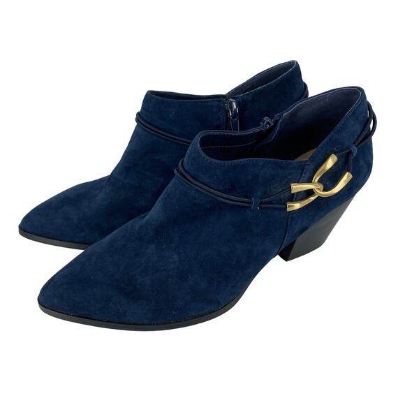 Blue Suede Bootie 8.5 M BELLA VITA Gold Accent Heel Ankle Boot Shootie Western - Picture 6 of 16